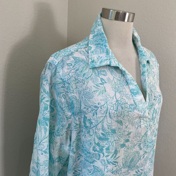 Sigrid Olsen Womens Plus 1X 100% Linen Side Button Top Floral Turquoise White - Picture 3 of 11